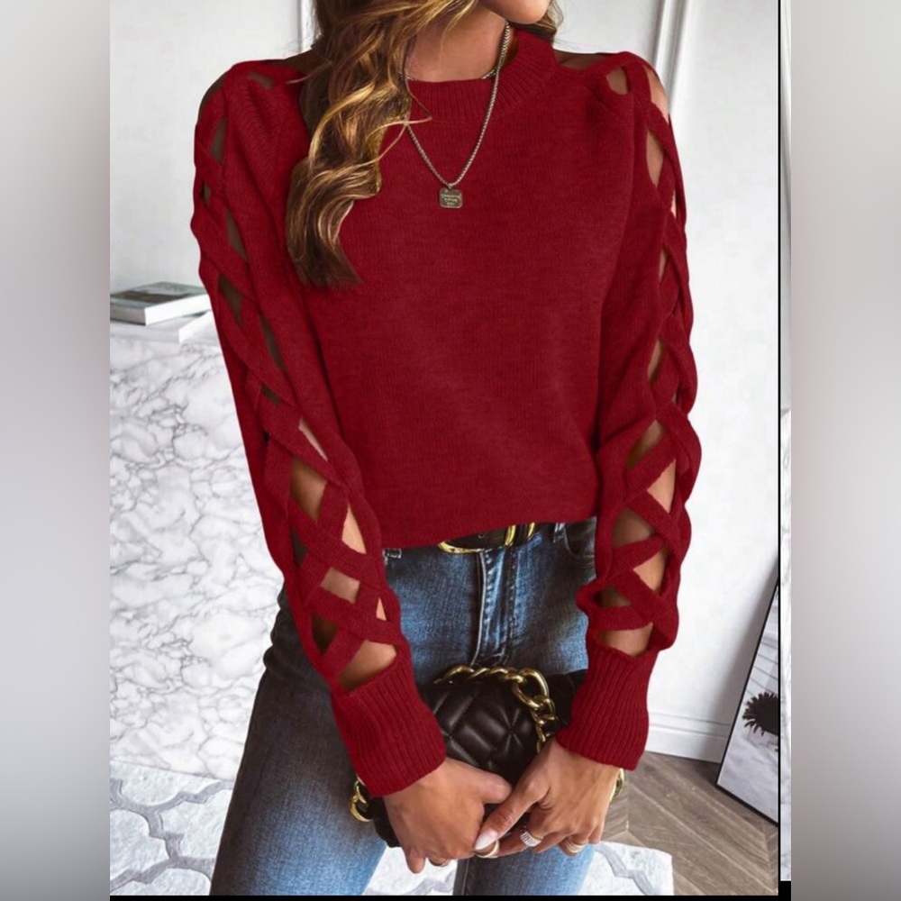 SHEIN LUNE Crisscross Cut Out Raglan Sleeve Sweater Burgundy Large New
